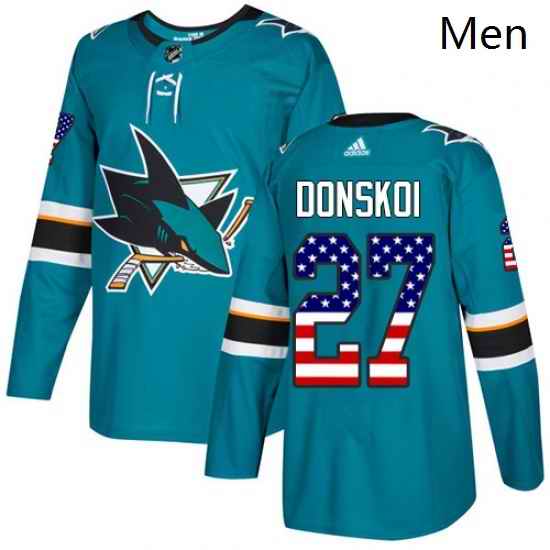 Mens Adidas San Jose Sharks 27 Joonas Donskoi Authentic Teal Green USA Flag Fashion NHL Jersey